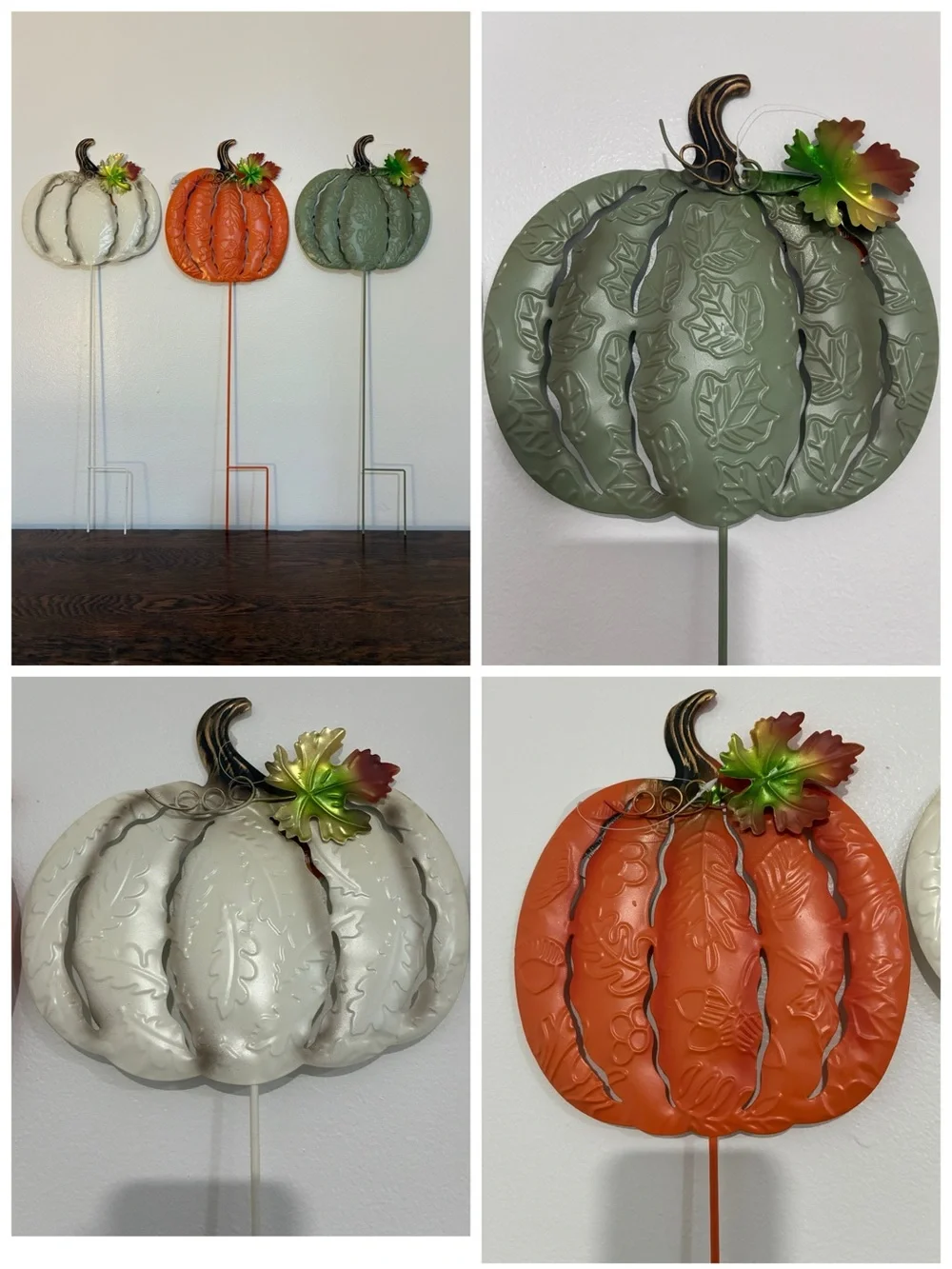 NWT- Set of 3- Embossed Leaf Design- Metal Pumpkin Yard Stakes